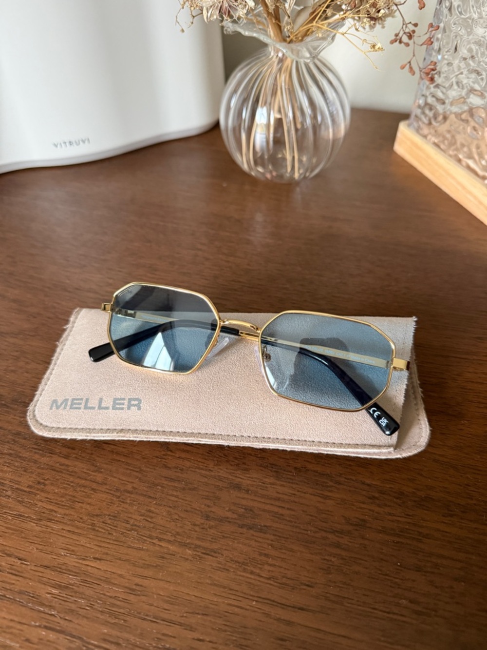 NWOT Meller Gold Frame Blue Lens Sunglasses